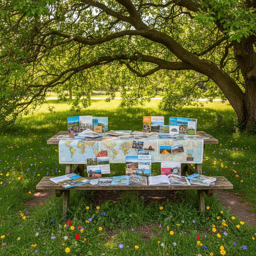 A rustic wooden picnic table covered in weathered maps, open guidebooks, and glossy postcards from around the world, set beneath an expansive leafy tree in a sunlit park. Lush green grass forms a cozy backdrop, with a scattering of bright wildflowers peeking through. Dappled sunlight filters through the leaves, casting playful patterns and enhancing the inviting, outdoorsy mood. Captured with a wide-angle lens in an eye-level, centered composition and sharp focus for every detail. The artistic style is bright, organic, and naturally cheerful—ideal for depicting the planning adventures of family travel.