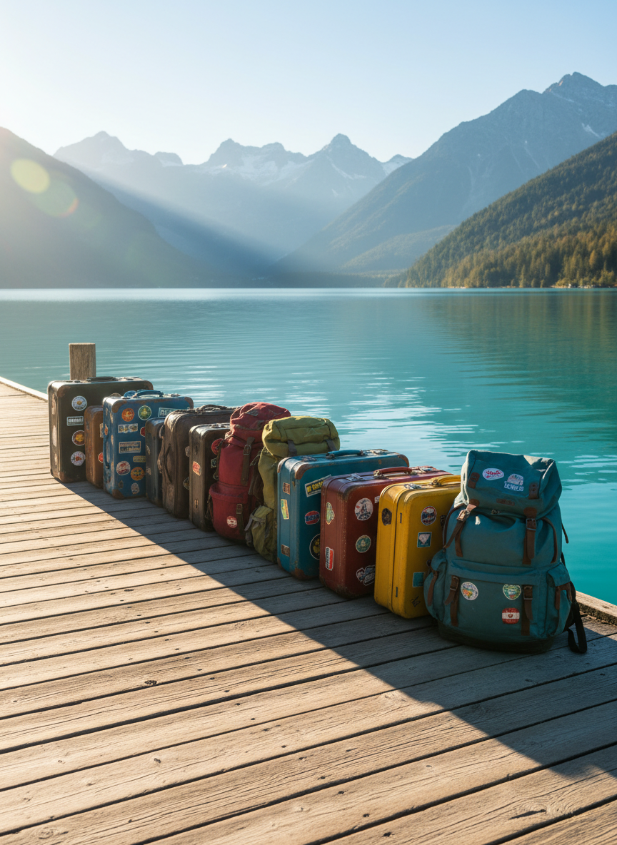 A worldly collection of textured, colorful family suitcases and sturdy travel backpacks neatly arranged on an aged wooden dock, facing a sparkling turquoise lake ringed by distant mountain peaks. The gear boasts vibrant reds, ocean blues, and cheerful yellows with travel stickers from multiple countries. Soft morning sunlight bathes the scene, lending golden highlights and long gentle shadows across the boards. This image is composed from a slightly elevated angle, embracing the whole dock and lake, creating an inviting, adventurous mood. The style is photographic realism with crisp details and a natural, wanderlust-inspiring atmosphere, supporting a family travel blog's core theme.