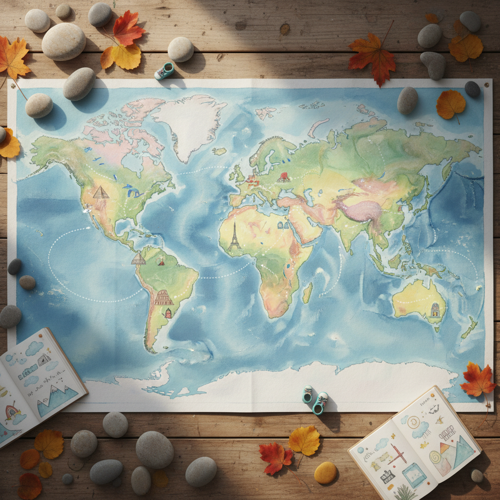 An illustrated world map crafted from pastel-toned watercolor textures, with winding dotted lines forming whimsical travel routes and playful icons of landmarks, backpacks, and tiny kid-sized shoes scattered along them. The map unfurls across a vintage wooden table scattered with smooth pebbles, vibrant leaves, and journal pages. Diffused afternoon light streams in from the side, creating gentle shadows and softening the overall look. The composition uses a bird’s eye perspective, keeping all elements in crisp detail. The vibe is creative, imaginative, and welcoming – perfect as a hero image for a family travel blog with an inspirational tone.